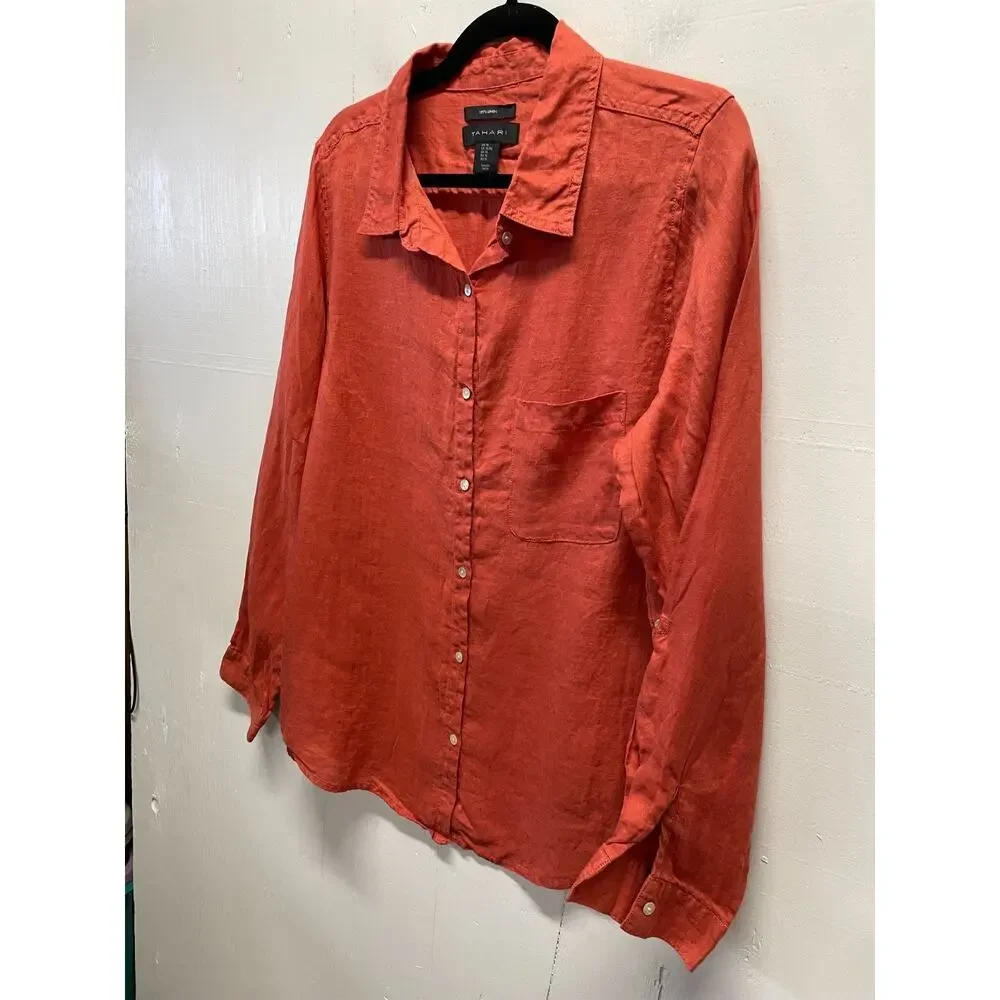 Tahari Women's Long Sleeve Button Up 100% Linen Blouse Rust Orange Size XL